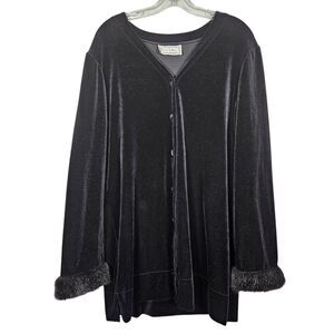Vtg Lucia Lukken Top XL Classic Black Velvet Button Fur Trim Sleeve Whimsigoth‎